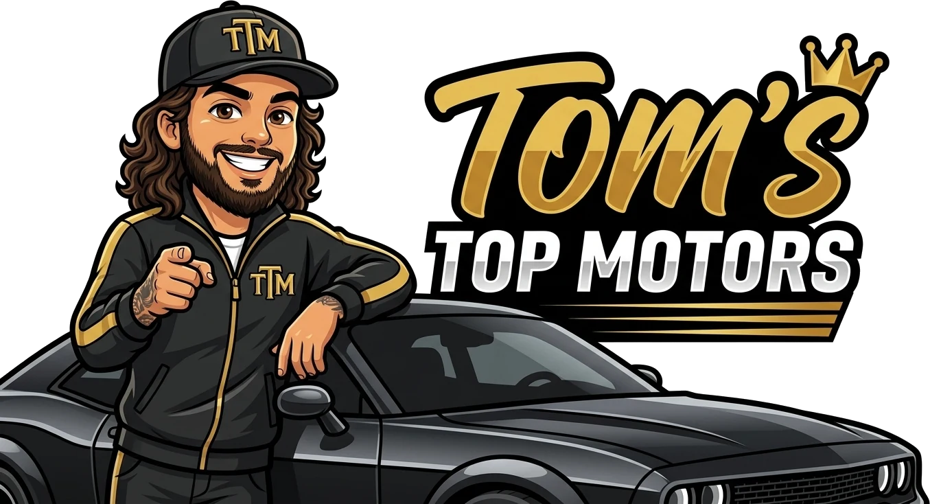 Tom's Top Motors logo with mascot and car